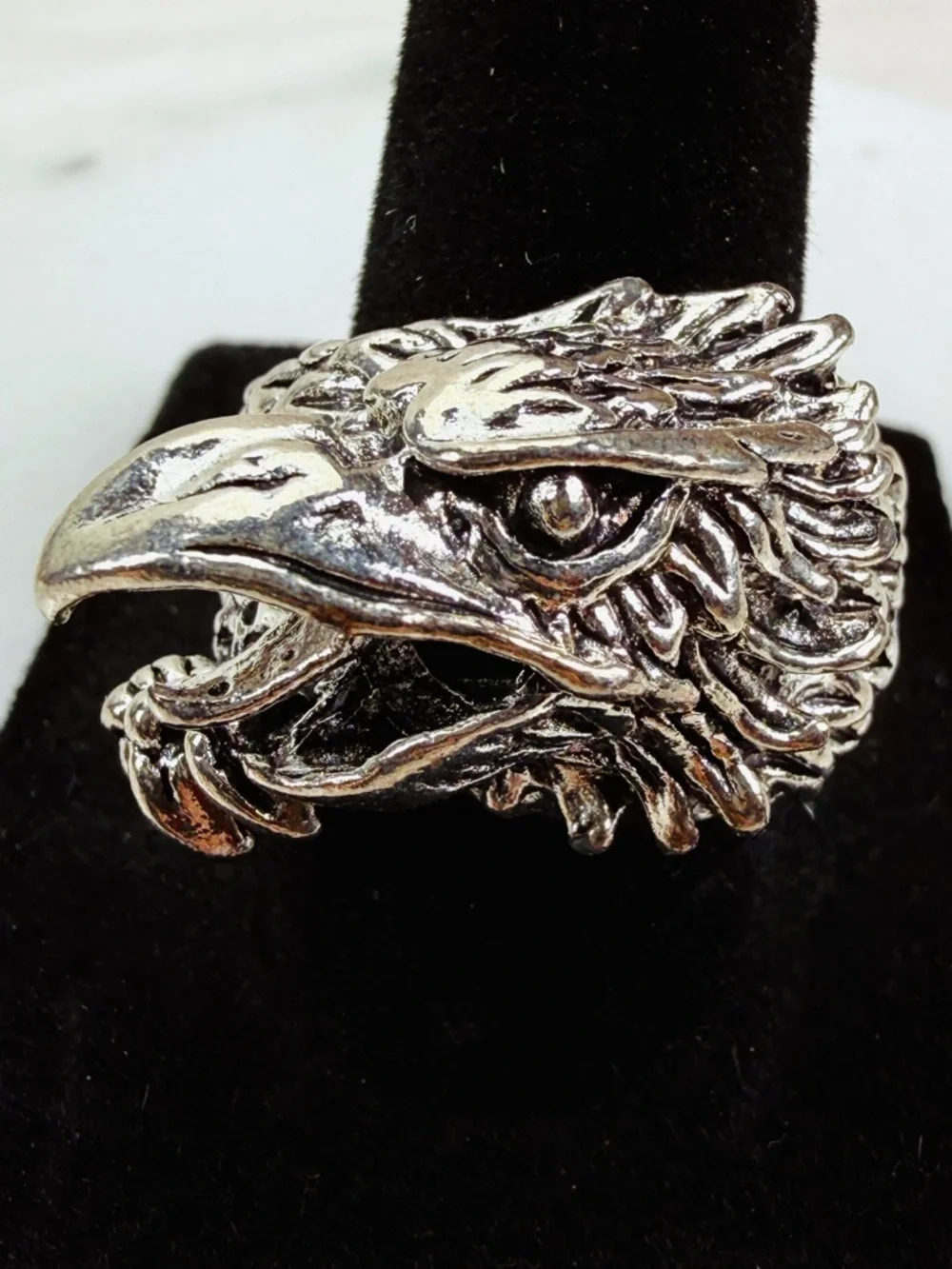 Interesting Silvertone raised eagle or dragon costume ring